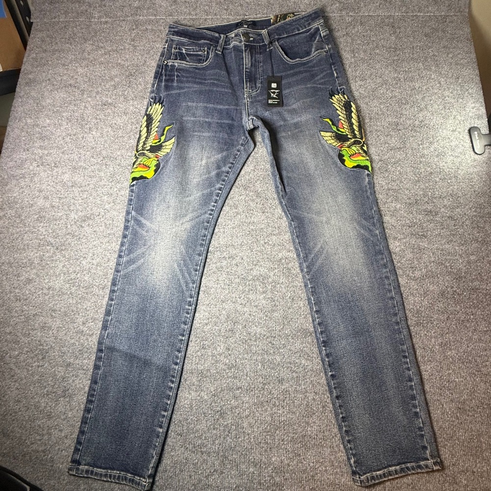 Ed Hardy Mens Slim Straight Embroidered Eagle Snake Jeans Y2K Med MEHD8301-8 32